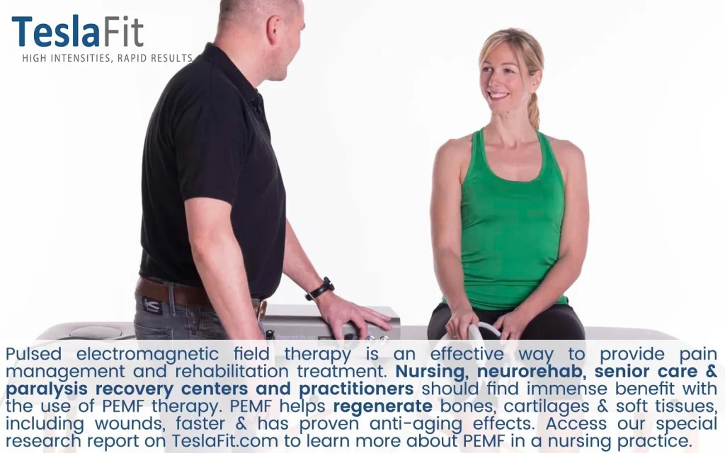 Woman sitting on table with doctor and PEMF device, with text below stating "nursing, neurorehab, senior care, and paralysis recovery centers and practitioners should find immense benefit with the use of PEMF therapy". (Photo 2)