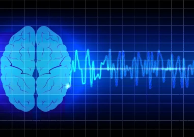 CGI of brain and brain waves in blue