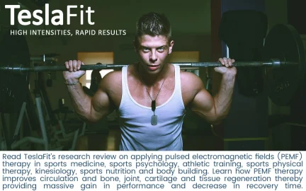 Man working out in gym, and text below stating "Read TeslaFit's Research review on applying PEMF therapy in sports medicine..." (photo 1)