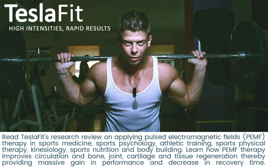 Man working out in gym, and text below stating "Read TeslaFit's Research review on applying PEMF therapy in sports medicine..." (photo 1)